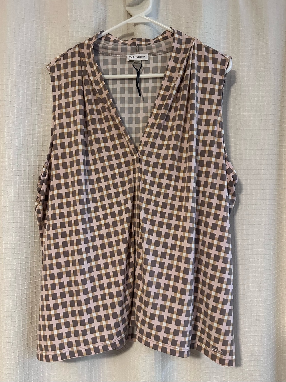 Calvin Klein 2X Sleeveless Faux Wrap Geometric Print Stretch Blouse Plus Size